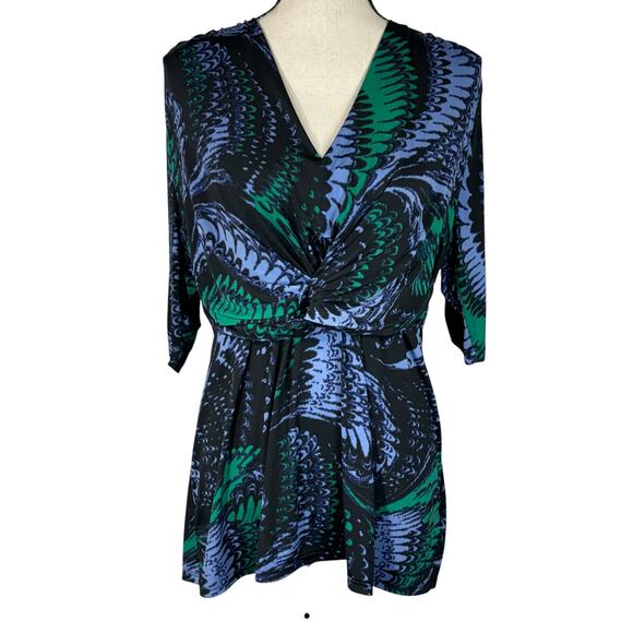 Worthington X-Large Top Abstract V-Neck Knotted Front Stretch Elbow Sleeve Multi - Picture 1 of 8